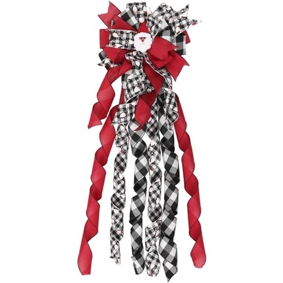 Christmas Tree Topper Bows Buffalo Plaid 13x48inch with Santa Head Strea… - Picture 1 of 3